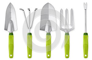 Gardening tools set, garden kit, Shovel, Trowel, Fork with green handle. Equipment for soil planting work or sale vegetable garden