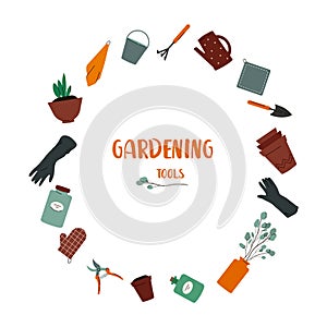 Gardening tools. Set of gardener`s utensils: watering can, glowes, pots, soil, towels, bucket, bottles and jars, fertilizer,