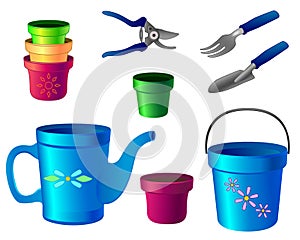 Gardening Tools. A set of tools for gardening - secateurs, shovel, fork for separating bushes, watering can, bucket, flower pots