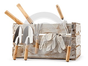 Gardening tools set, wooden crate with aluminum garden kit tools, Shovel, Trowel, Fork with wooden handle and protective gloves,