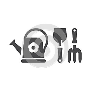 Gardening tools simple black vector icon set.