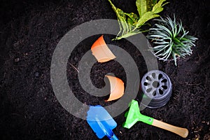 Gardening tools on soil background ready to planting flowers and small plant in the garden works concept gardening flower pots