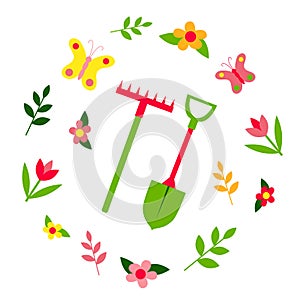 Gardening tools. Spring set: butterflies, flowers, plants. Lettering Hello Spring. Flat design