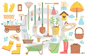 Gardening tools square banner set. Agriculture seasonal elements composition. Spring horticulture equipment. Planting and work in