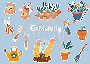 Gardening tools stickers. Wheelbarrow with flowers, sprouts, watering can, seedlings, gardening tools collection.