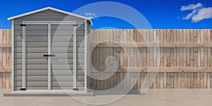 Gardening tools storage shed in the house backyard. 3d illustration