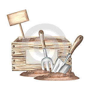Gardening tools and supplies. Crate with ground, sign, trowel and rake in soil. Hand drawn watercolor illustration of