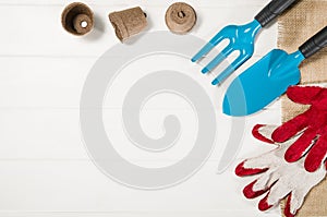 Gardening tools top view on white wooden planks background