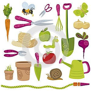 Gardening tools and vegetables vector icons