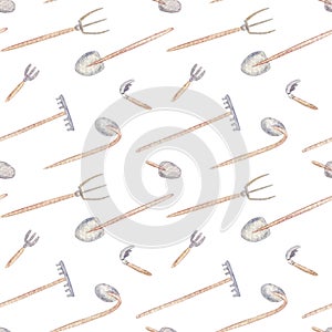 Gardening tools watercolor seamless pattern. Showel, hoe, rake illustations on white background. photo