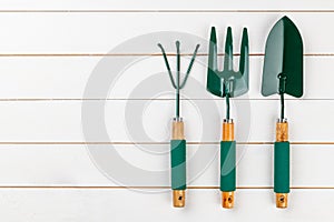 Gardening tools on white wooden background. Flat lay.