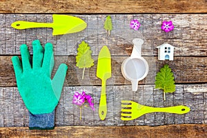 Gardening Tools on wooden background