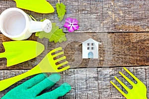 Gardening Tools on wooden background