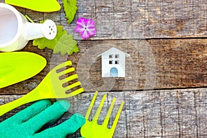 Gardening Tools on wooden background