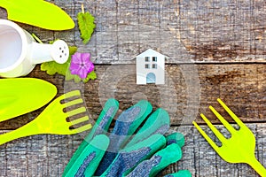 Gardening Tools on wooden background