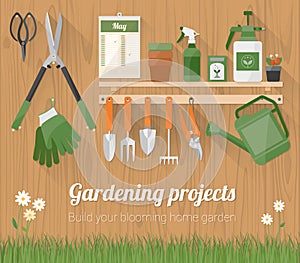 Gardening tools on a wooden wall