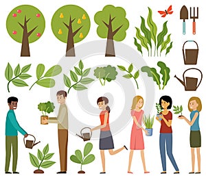 Gardening. Trees and plants. People with flowers