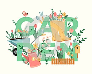 Gardening typography vector illustration. Garden title with plants, flowers, birds and garden tools seasonal flat style