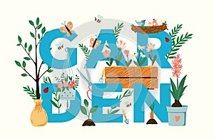 Gardening typography vector illustration. Garden title with plants, flowers, birds and garden tools seasonal flat style