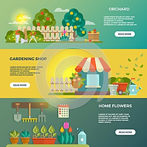 Gardening vector banners with garden tools, seeds and plants icons