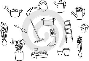 Gardening Vector hand drawn gardening set isolated on white background. Elements of gardening equipment and tools