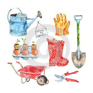 Gardening watercolor pictograms collection set photo