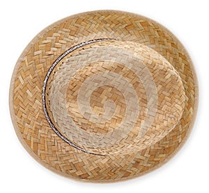 Gardening wicker straw hat, top view isolated on white background with clipping path, spring concept for home gardening or