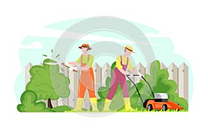 Gardening working people mowing grass trimming shrubbery vector illustration, backyard landscaping, orchard maintenance