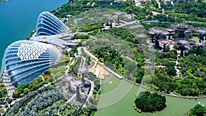 Gardens by the Bay, Singapore, Asia. Aerial view of Flower Dome, Cloud Forest and Park with Supertrees.