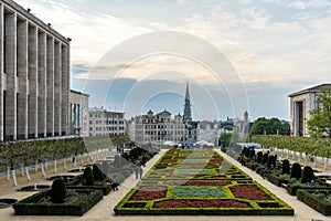 the Gardens of Mont des Arts and belfry of Town Hall ,Brussels, Belgium, Europe at sunset with beautiful clouds