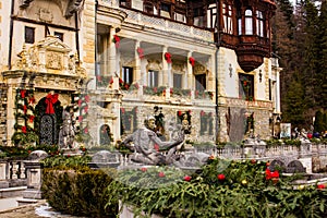 The gardens of Peles Castle decorated for Christmas