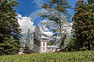 Gardens in Saint-Gervais-Les-Bains with alpine mountains landscape