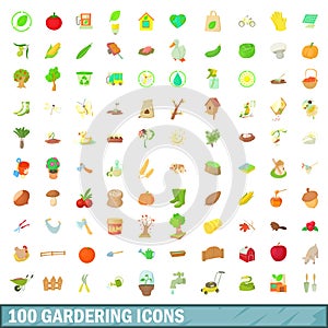 100 gardering icons set, cartoon style