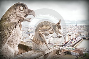 Gargoyle (chimera), stone demons, with Paris city on background.