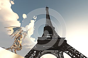 Gargoyle figure and Eiffel Tower in Paris