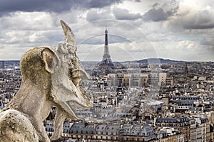 Gargoyle looking to Eiffel tower