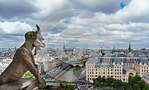 Gargoyle overlooking blurred Paris on Notre Dame