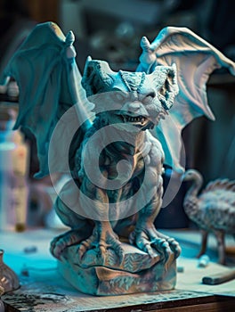 Gargoyle sculpture glowing with bioluminescence, artisan chiseling under moonlight, mystical workshop, soft focus, close-up view,