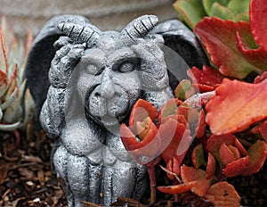 Gargoyle statue crouches nea small, red  plant