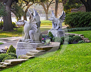 Gargoyle statues guarding a home in Highland Park, Texas