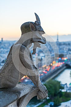 Gargoyle watching Eiffel tower and Paris at dusk