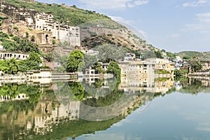 Garh Palace and Taragarh Fort from Nawal Sagar lake, Bundi, India