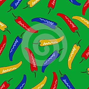 Garish technicolor pods of chili peppers seamless vector pattern