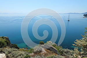 Garitsa Bay and Ionian Sea seen from the Old Fortress, Corfu City, Corfu Island, Greece, Europe