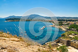 The Garitsa Bay. View from The Old Fortress of Corfu, Kerkyra Corfu Town, the capital of Corfu island, Greece.