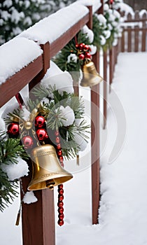 Garland And Bells On A Snow-Covered Fence. Afternoon. Outdoor. Side Sho. Generative AI