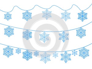 Garland of blue snowflakes. Set. Simple minimalistic Christmas decorations. Vector illustration.