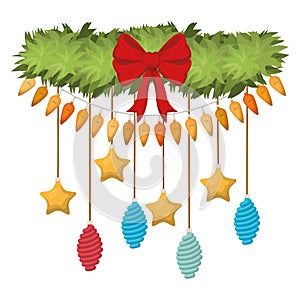 Garland with bows christmas balls and holiday lights