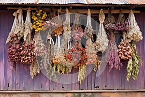 garland of dried flowers and herbs hanging outside a village home