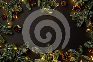 garland of fir branches and cones and lights on a black background
